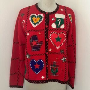 Red green holiday Christmas cardigan sweater charms Large L patches